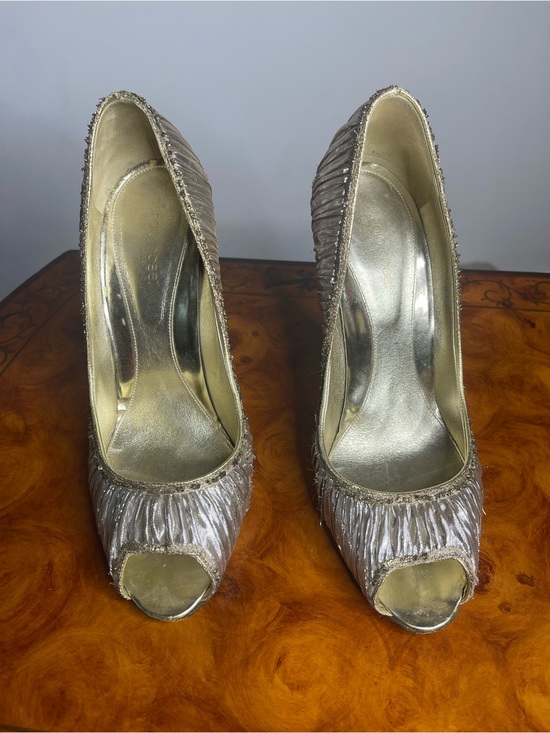 Sergio Rossi Shoes - Sergio Rossi Gold Ruched Peep-Toe Heels